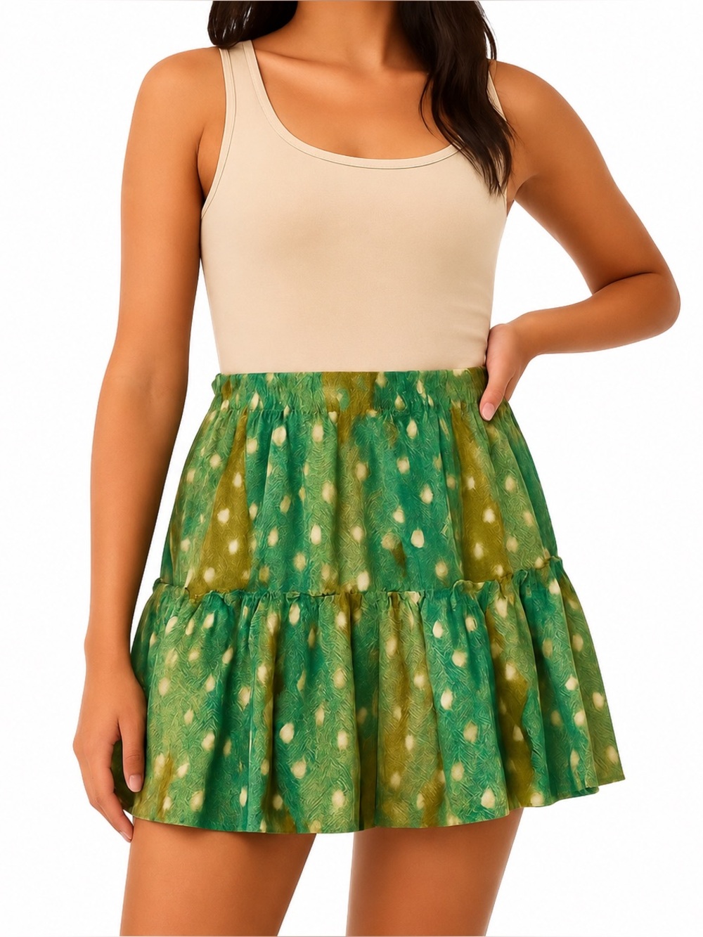 LILI & LALA Metallic Leaf Tiered Mini Skirt Green Gold Boho Medium